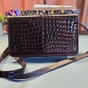 HENRI BENDEL Vintage Crocodile-Embossed Dark Brown Leather Convertible Crossbody